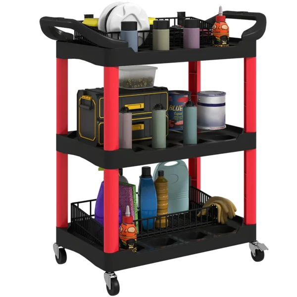 3-Tier Plastic Tool Cart with Handles and Wheels, Capacity 91 kg, 83x43x97 cm, Red