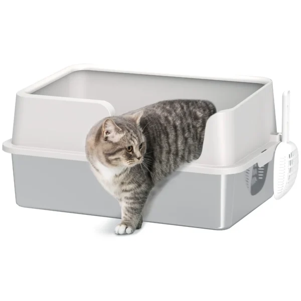 Cat Litter Box with Raised Edges, Tray and Scoop, Stainless Steel and PP, 60x40x28 cm, Light Grey