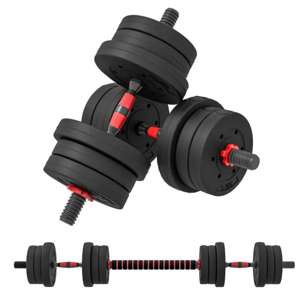 Set of 2 Non-Slip Dumbbells with 12 Weight Discs of 20 kg Total and Connector, in Steel, HDPE and Sand, Black