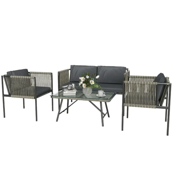 Rattan Garden Lounge Set with 2 Armchairs, 2 Seater Sofa and Glass Coffee Table, Grey