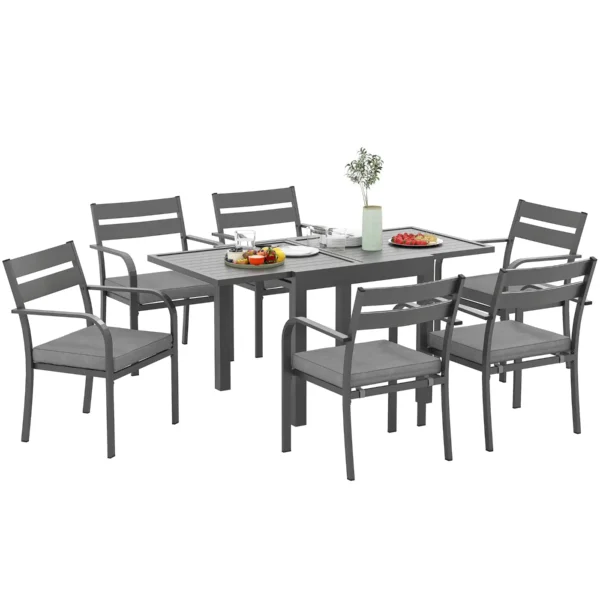 Garden Set with Extendable Table and 6 Stackable Chairs with Cushions, Grey