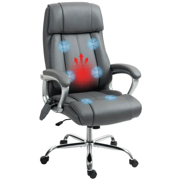 6-Point Massage Office Chair with Reclining Function, PU Leather and Steel, 66x72x113-121 cm, Carbon Grey