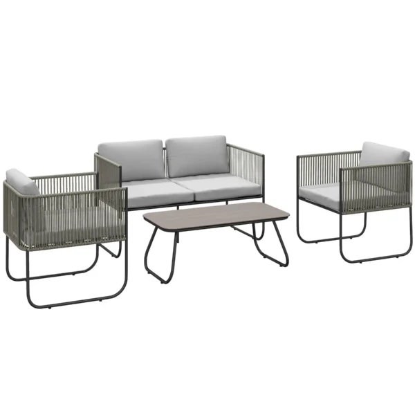 Rattan Garden Set with 2 Seater Sofa, 2 Armchairs and Glass Table, Removable Cushions, Grey