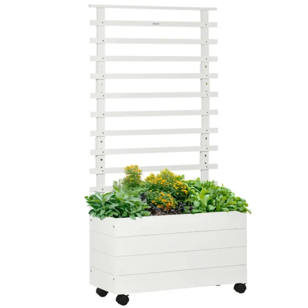 Vertical Planter with 4 Wheels and Wooden Trellis for Climbing Plants, 76x30x155cm, White