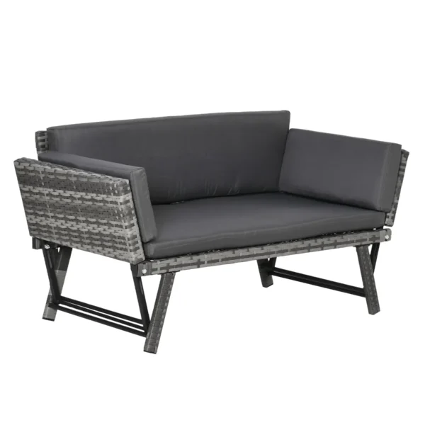 2 Seater Rattan Garden Sofa with Padding and Folding Armrests, 129x63x67cm, Grey