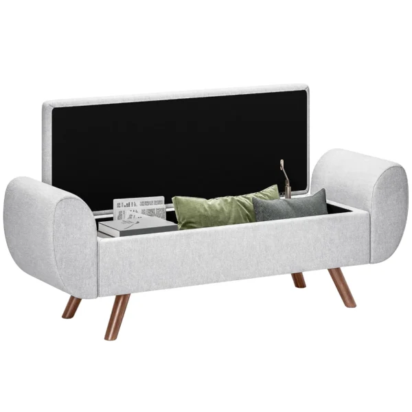 Bedside Storage Bench with Fabric Armrests, Wooden Legs and 53.8L Compartment, 132x42x50 cm, Grey