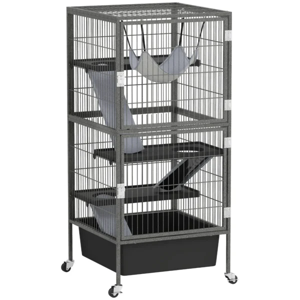 4 Level Small Animal Cage with Ramps, Platforms, Hammock and Wheels, 52x52x115 cm, Grey