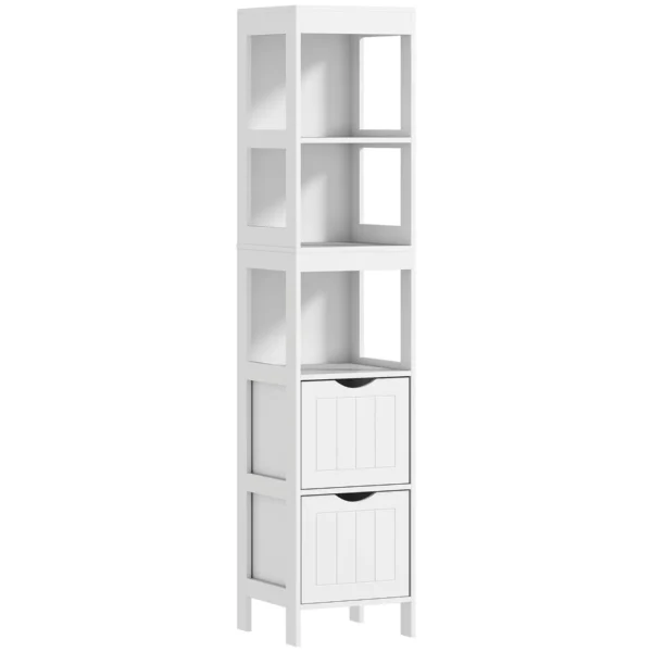 Bathroom Cabinet with 3 Open Shelves and 2 Wooden Drawers, 30x30x141.2 cm, White