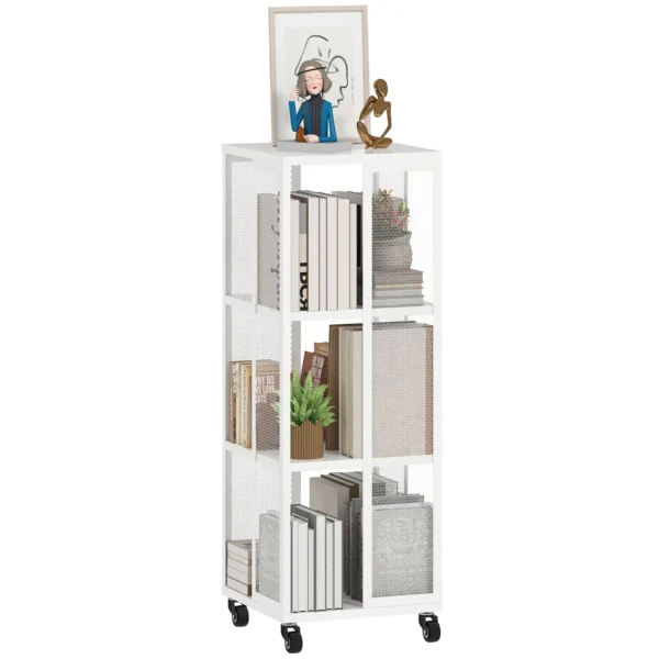 Modern 3-Tier Metal Mesh Bookcase with Wheels, 35x35x99cm, White