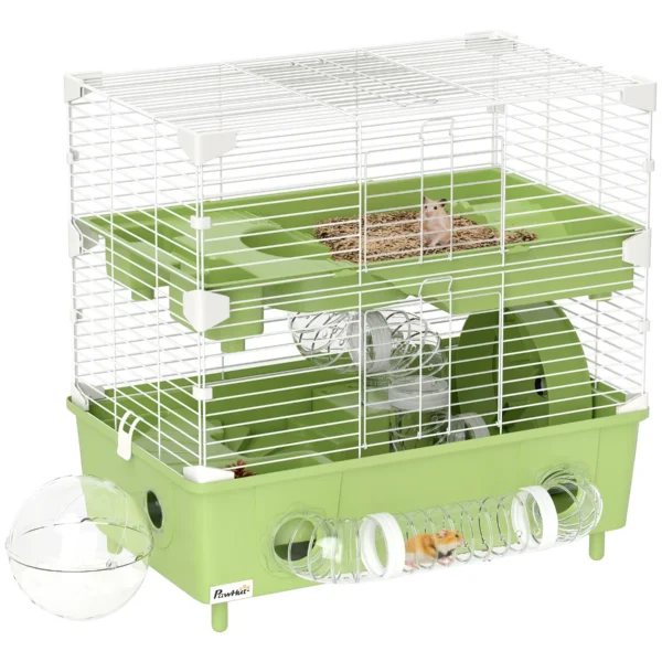 2-Tier 3-Door Hamster Cage with Wheel and Tubes, Steel, PS and PP, 44.5x28x44 cm, Green and White