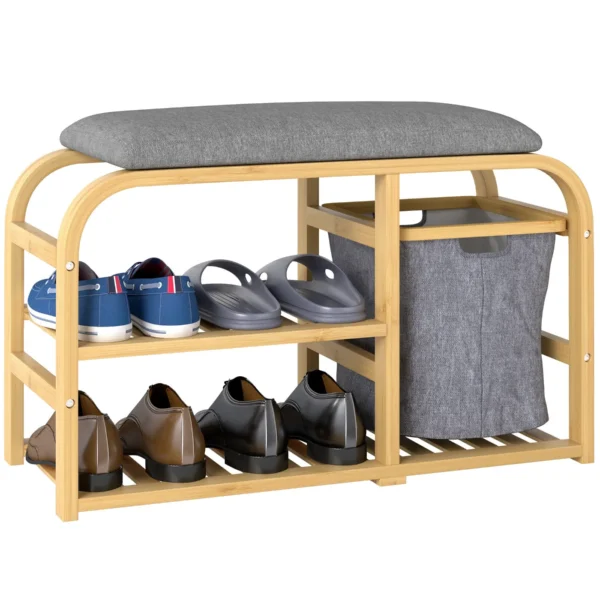 Entrance Shoe Rack Bench with Padded Seat, Slatted Design and Removable Basket, 70x30x45 cm, Wood