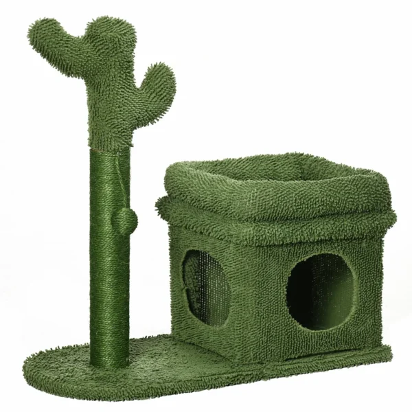 Cat Scratching Post with Bed, House and Cactus-Shaped Sisal Pole, 68x30x67cm, Green