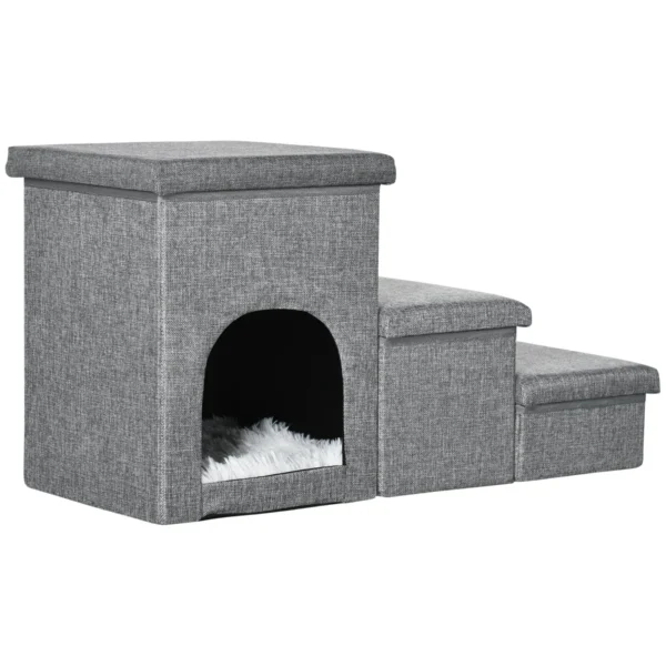 3-Step Dog and Cat Ladder 10kg max with Dog House and Storage Space, 73.5x33x40.5 cm, Grey