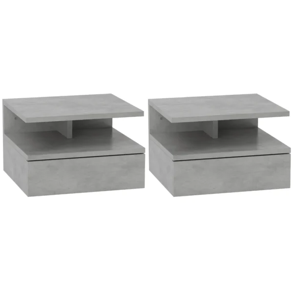 Set of 2 Suspended Bedside Tables for the Bedroom with Drawer and Wooden Shelf 35x32x22.5cm, Gray