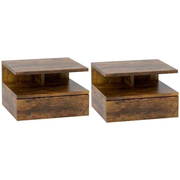 Set of 2 Floating Nightstands for Bedroom with Drawer and Wooden Shelf 35x32x22.5cm, Brown