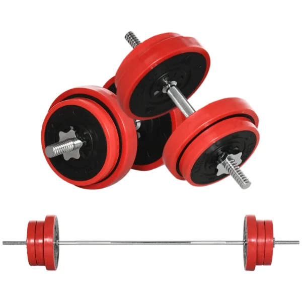 Barbell and Plates Set 65kg total for Home Workout, in Metal, Iron Sand and Rubber, Red