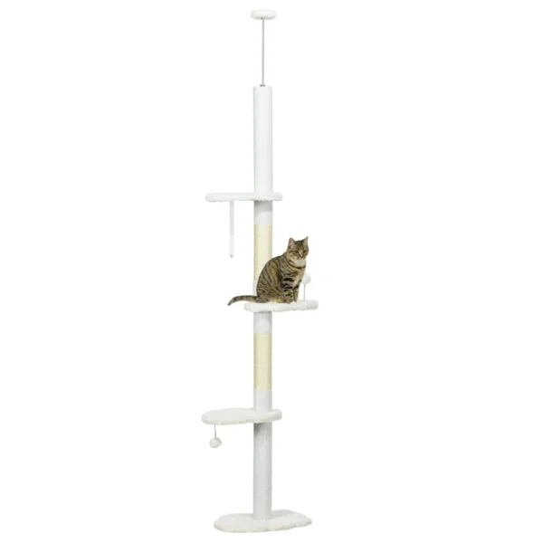 Ceiling Cat Tree with Adjustable Height and Cotton Scratching Posts, 48x32x225-255 cm, White