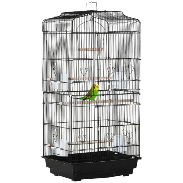 Bird Cage in Metal and Plastic with Perches, Swing and Bowls, 46.5x35.5x92 cm, Black