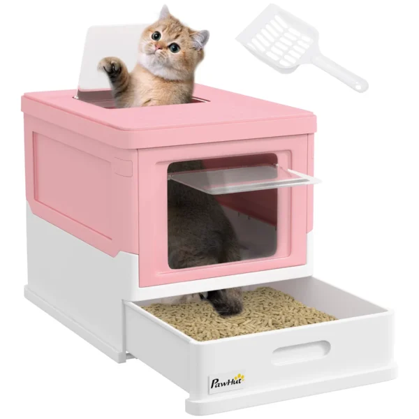 Closed PP Cat Litter Box with 2 Doors with Scoop and Removable Tray, 47.5x35.5x36.7 cm, Pink and White