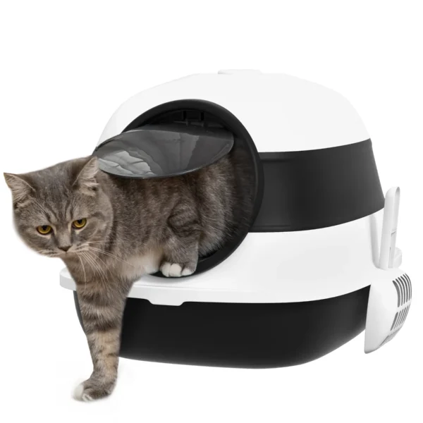 Cat Litter Box with Lid, Scoop and Deodorizer, Foldable Design, 52x41x38 cm, White and Black