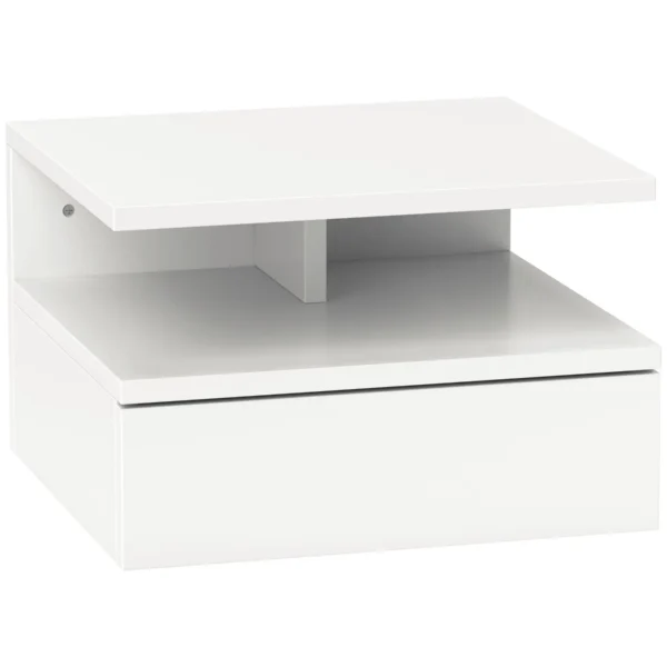 Floating Nightstand for Bedroom with Drawer and Wooden Shelf, 35x32x22.5cm, White
