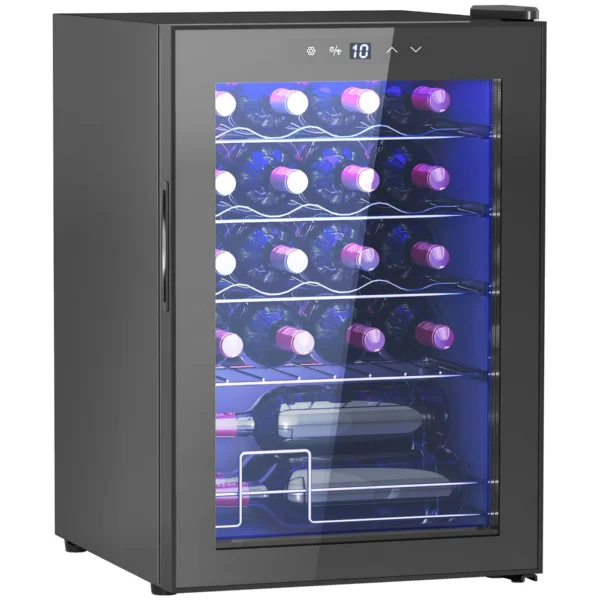 20 Bottle Wine Cooler, 53L Capacity, Anti-UV Glass Door and Adjustable Shelves, Black