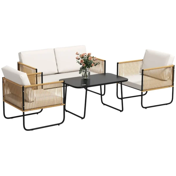 4 Piece Rattan and Steel Garden Set with Sofa, 2 Outdoor Armchairs and Low Table, Multicolor