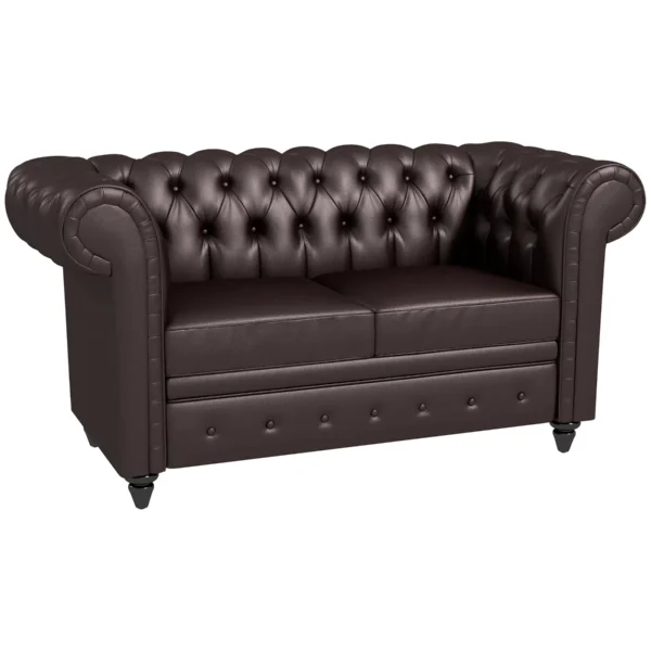 2-Seater Chesterfield Style Sofa with Removable Cushion, in Faux Leather, Wood and Metal, 160x84x80 cm, Brown