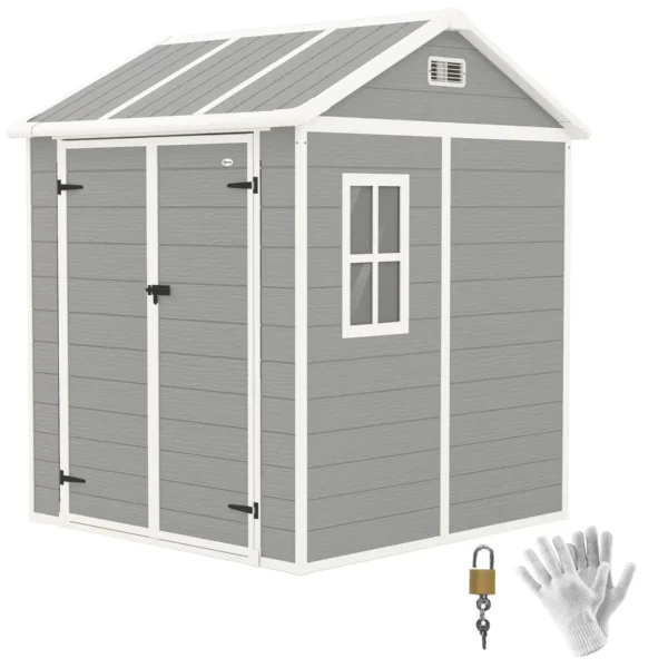 Resin Garden Shed with Floor, 2 Locking Doors, Window, 1.8x1.8m, Grey