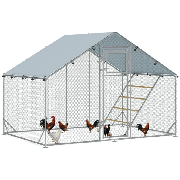 6m² Chicken Coop for 6-8 Animals with Waterproof Roof, Feeder and Perch, 3x2x1.9m, Silver