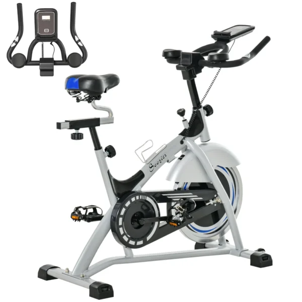 Professional Indoor Exercise Bike with LCD Monitor and 15kg Flywheel, Adjustable Saddle and Handlebar, 124x50x105-111cm, Silver Black