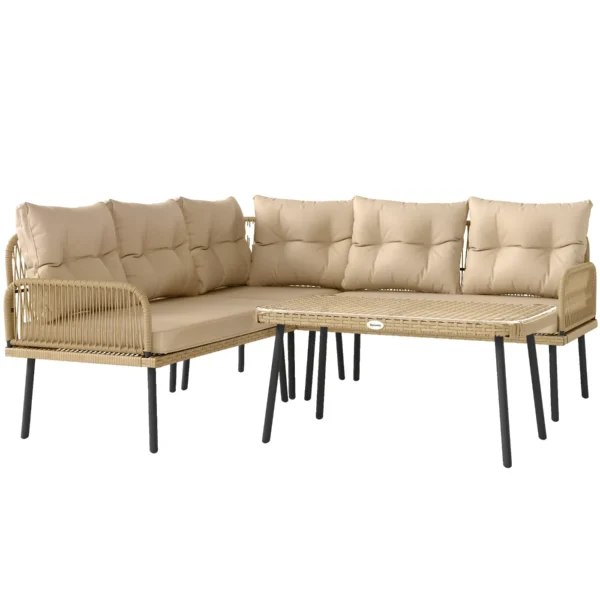 Rattan Garden Lounge Set 2 Sofas and Corner Chair with Cushions, Glass Coffee Table, Wood Color