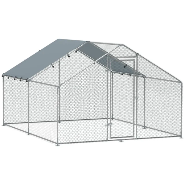 10.2m² Chicken Run for 10-15 Hens with Waterproof Roof, Steel and Fabric, 3x3.4x1.9 m, Silver