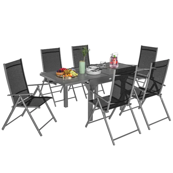 7 Piece Garden Set with 6 Folding Chairs and Extendable Table, in Steel, Aluminum and Mesh Grey and Black