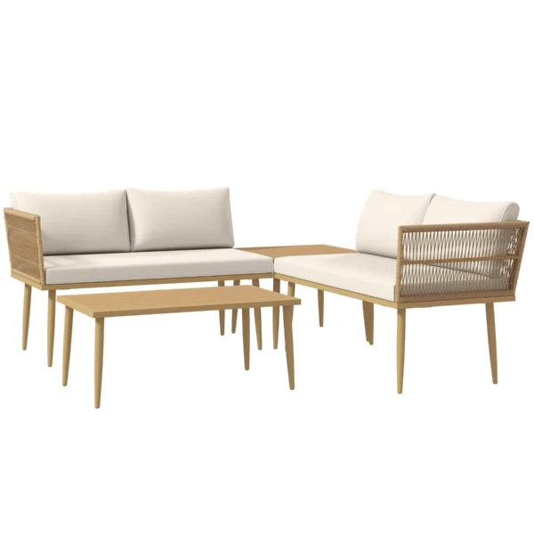 PE Rattan Outdoor Lounge Set with 2 2-Seater Sofas with Cushions and 2 Coffee Tables, Wood Color