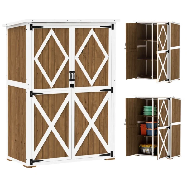 Garden Shed in Fir Wood with 2 Shelves and 2 Doors, 116.5x57x159/167 cm, Brown and White