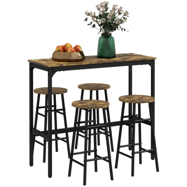 5-Piece Table and Chair Set with 4 Stools with Footrest and Rectangular Table, Black and Brown
