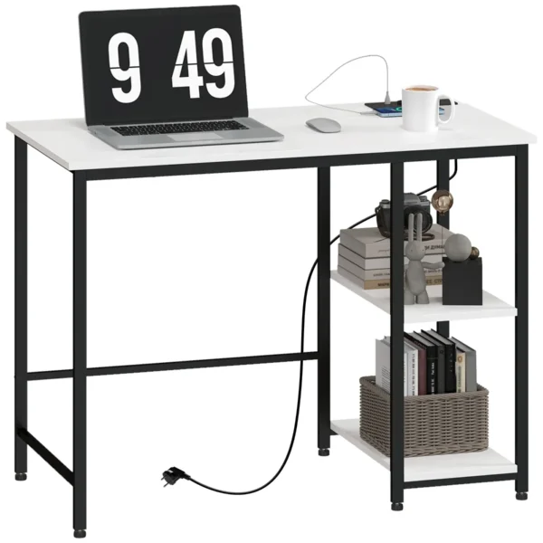 Desk with 2-Tier Bookshelf and Charging Sockets, in Wood and Metal, 100x50x75 cm, White and Black
