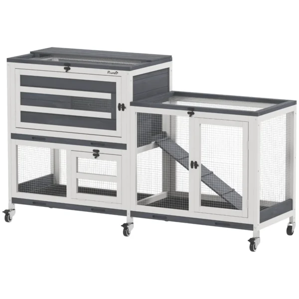 2-Level Rabbit Hutch with Ramp and 3 Trays, Fir Wood and Steel, 147x45x89.5 cm, Grey and White