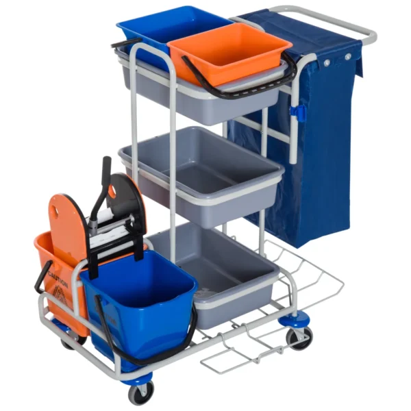 Multipurpose Professional Cleaning Cart with 4 Buckets Wheels Canvas Bag 118 × 73 × 103cm