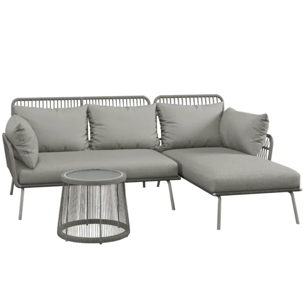 Boho Style PE Rattan Garden Set, 2 Seater Sofa with Chaise Longue and Coffee Table, Light Grey