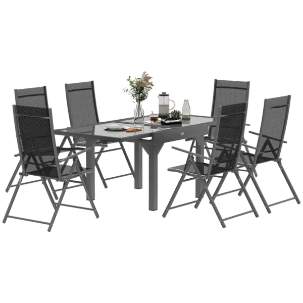 Garden Set with Extendable Glass Table and 6 Folding Outdoor Chairs, Steel and Textilene, Grey