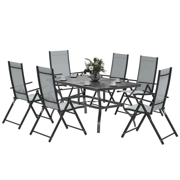 7-Piece Garden Set with Dining Table with Umbrella Hole and 6 Folding Chairs, Gray
