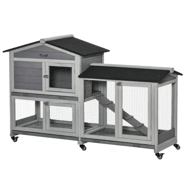 2-Tier Rabbit Hutch with Protective Net and Wooden and Metal Wheels, 157.4x53x99.5 cm, Grey