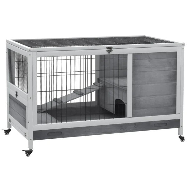 Wooden Rabbit Hutch with 4 Wheels, Rabbit House and Ramp, 90x53x59cm, Grey