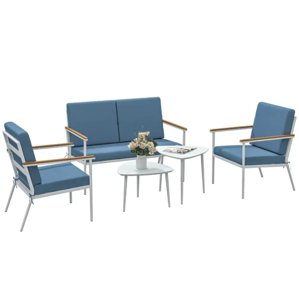 Outdoor Set with 2-Seater Sofa, 2 Armchairs and 2 Glass Coffee Tables, Light Blue
