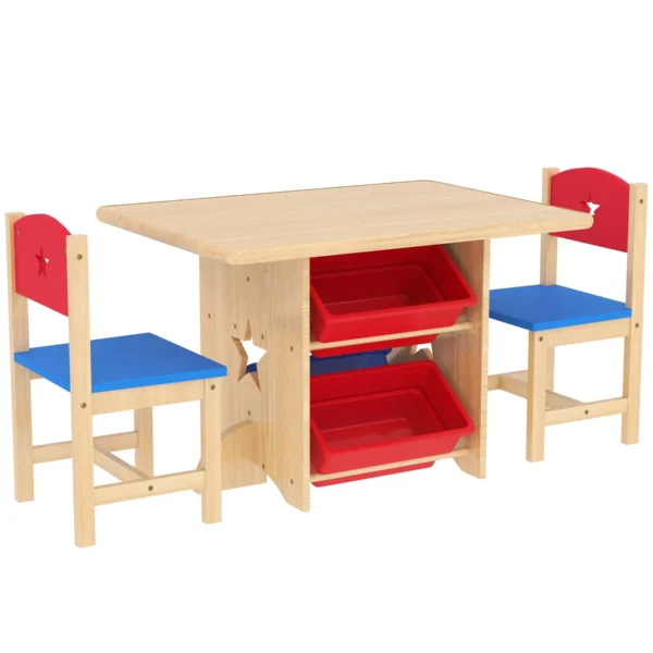 Children's Table and Chair Set 3-7 Years with 2 Chairs and Table with 4 Containers, in Wood and PP, Wood Color