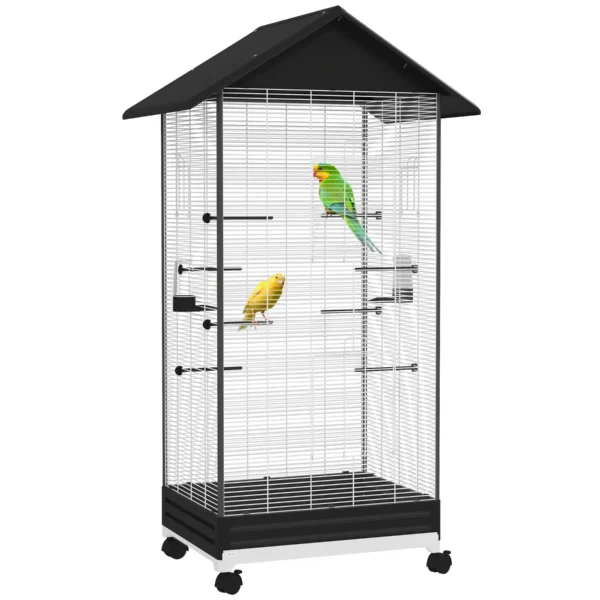Bird Cage with Wheels and Removable Tray, 155 cm High Aviary with Perches and Feeders, Black
