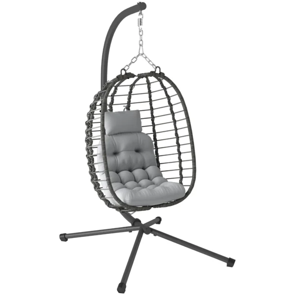 Rattan Hanging Egg Chair with Cushion and Headrest, Adjustable Height and Foldable Seat, Grey
