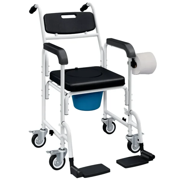 Wheelchair with Waterproof Toilet 4 in 1 with Folding Footrest, in Aluminum and Plastic, Black